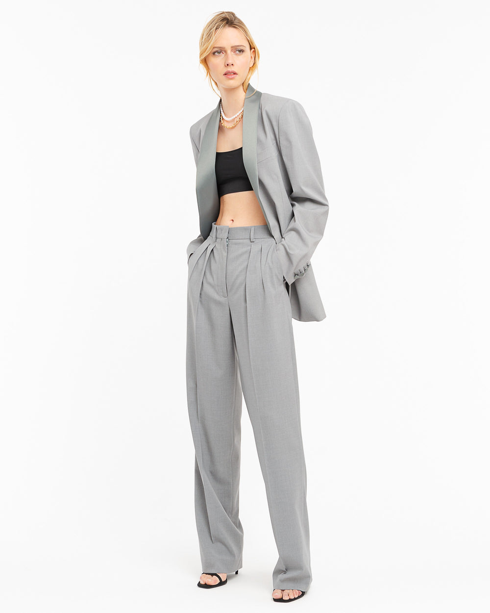 gray stretch double pleat trousers