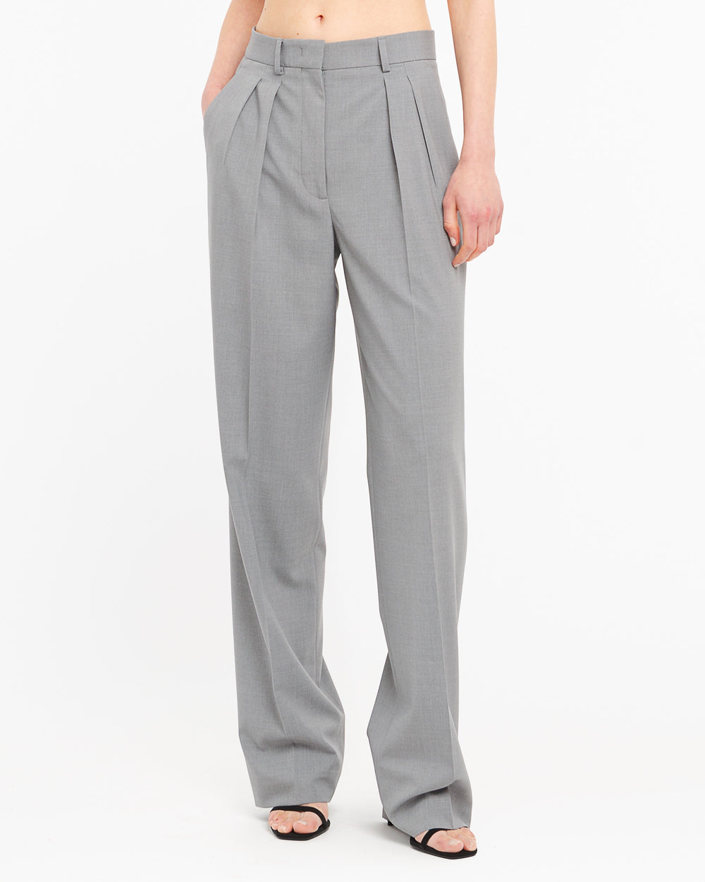 gray stretch double pleat trousers
