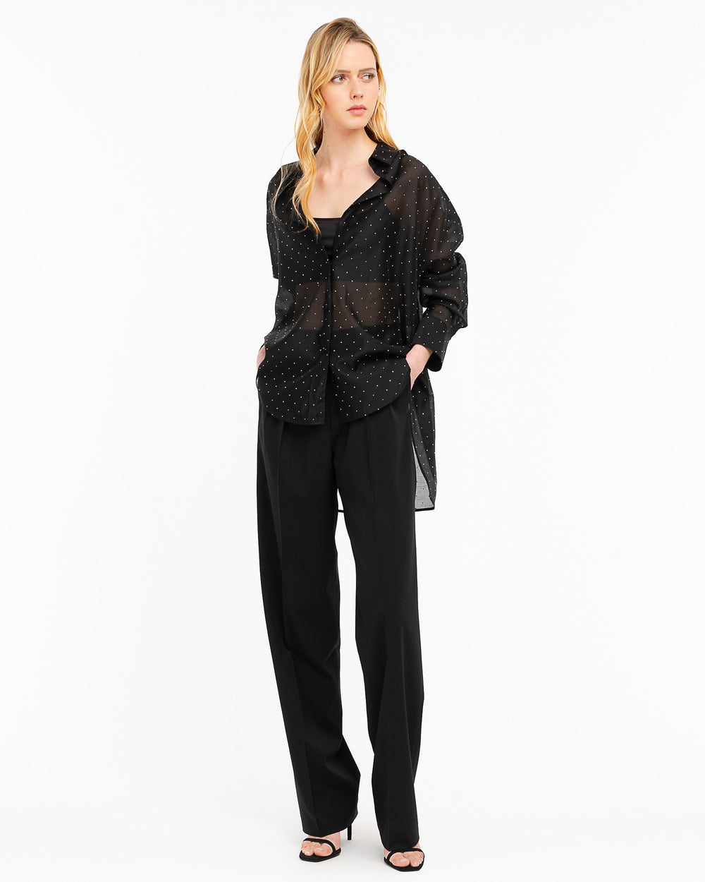 black stretch double pleat trousers