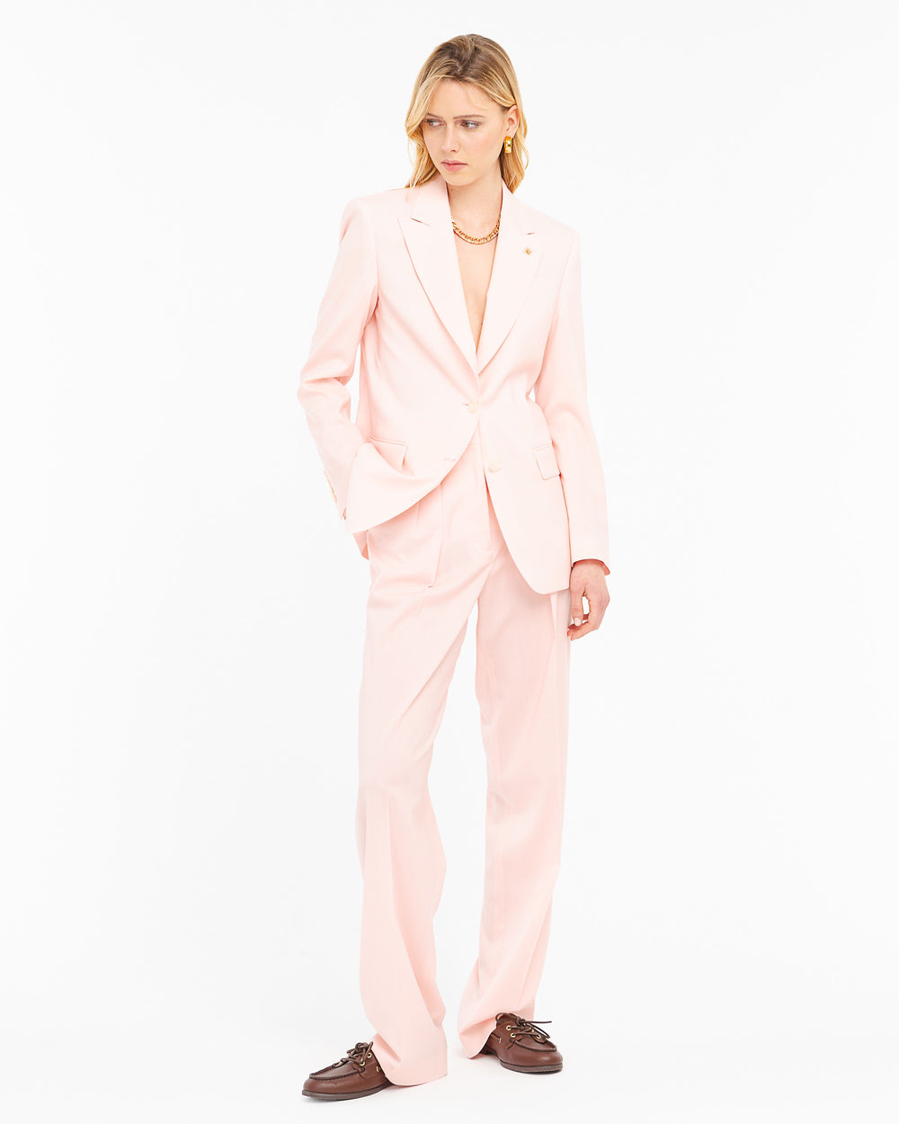 pink double pleated trousers in cool stretch wool