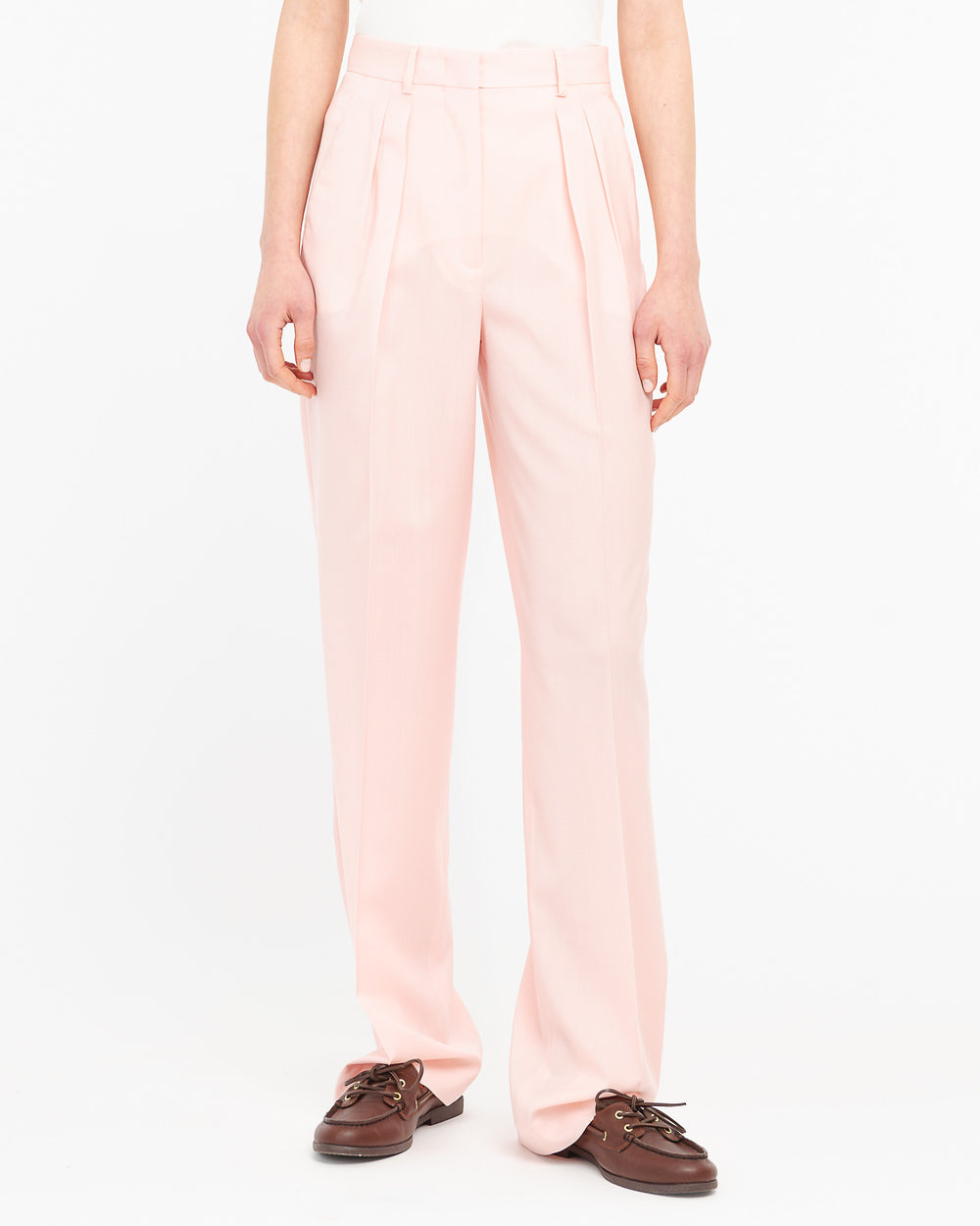 pink double pleated trousers in cool stretch wool