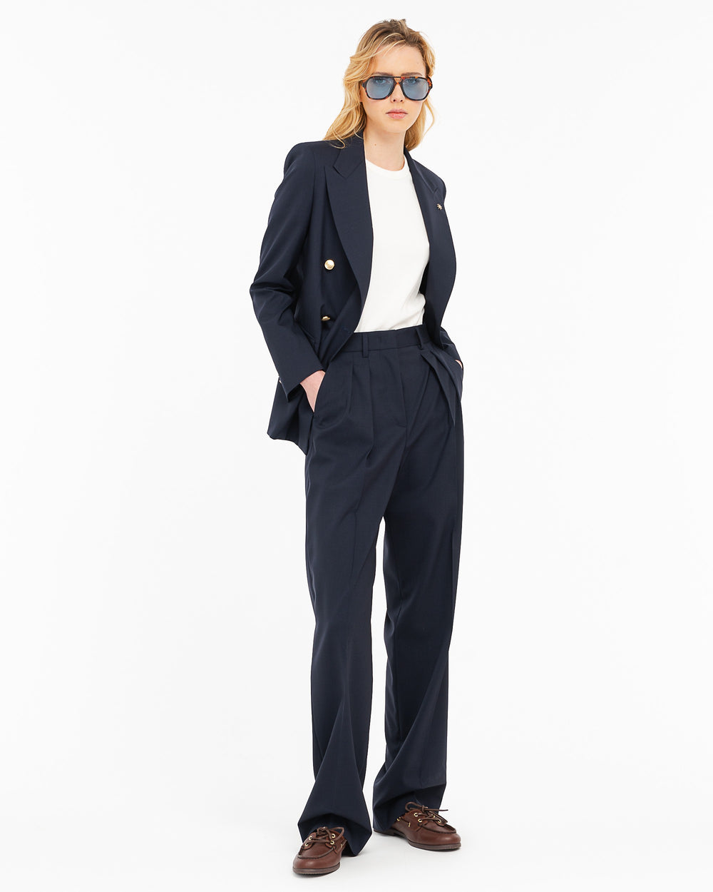 blue double pleated trousers in cool stretch wool