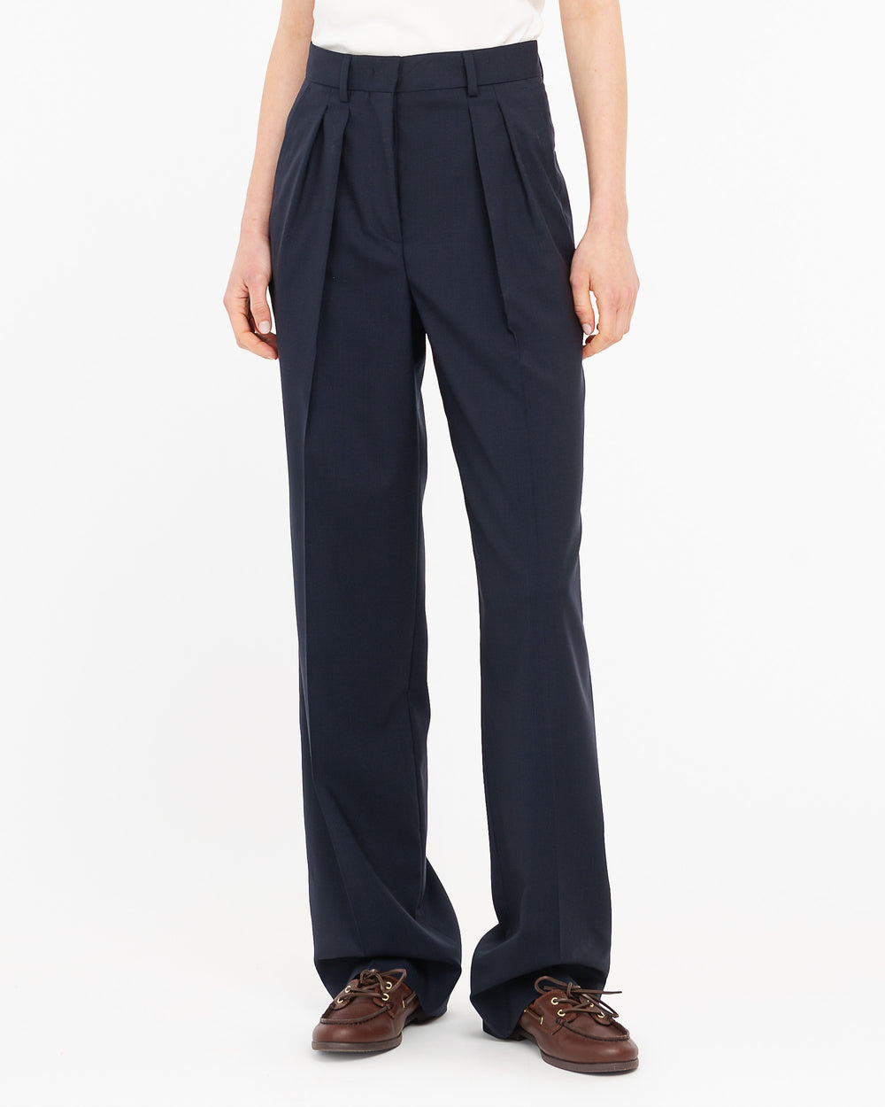 blue double pleated trousers in cool stretch wool