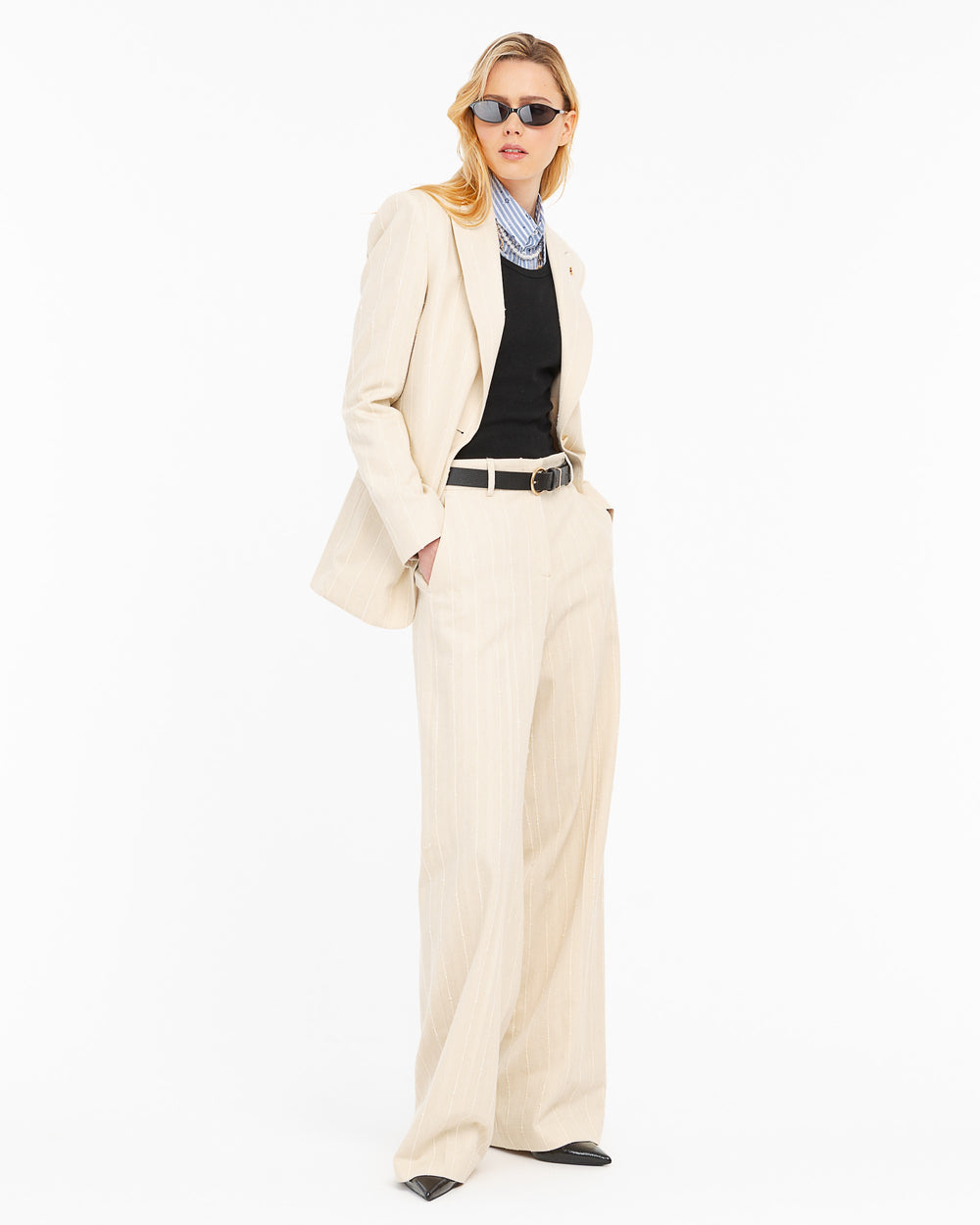 beige straight cotton blend striped trousers