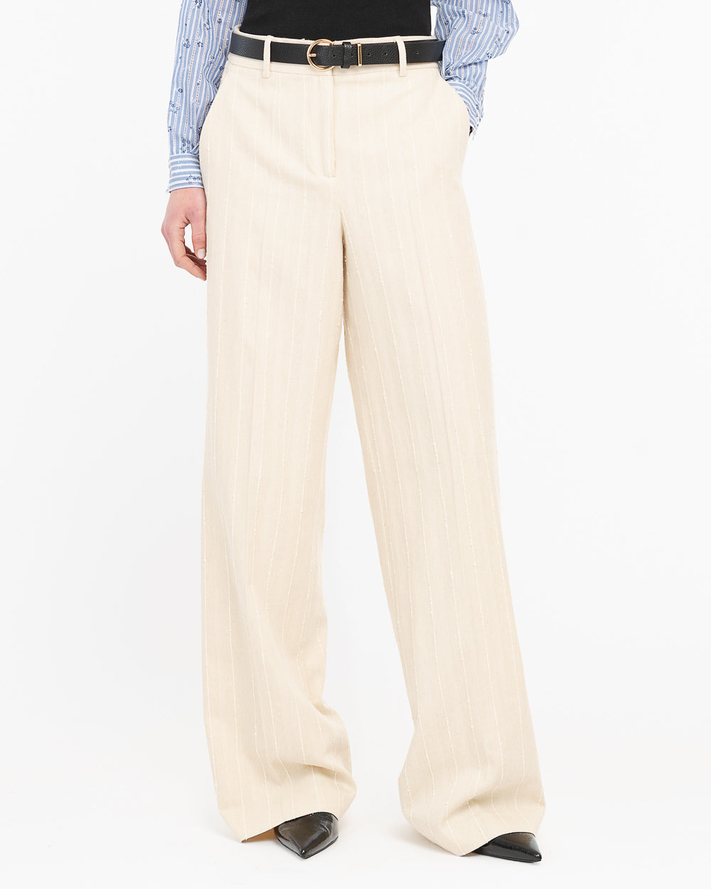 beige straight cotton blend striped trousers
