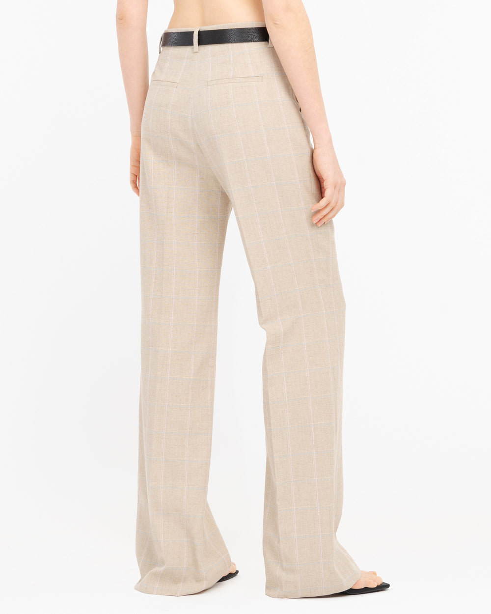 beige flared check cotton blended trousers
