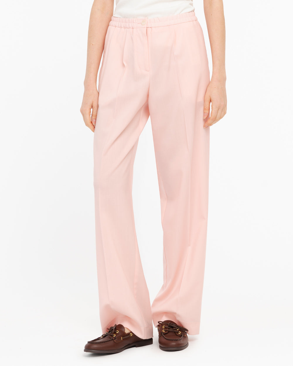 pink cool stretch wool pleated trousers