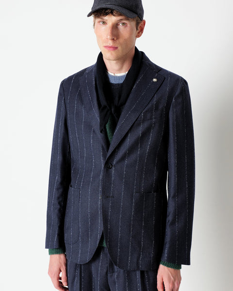 blue slim fit pinstriped flannel suit in pure stretch wool