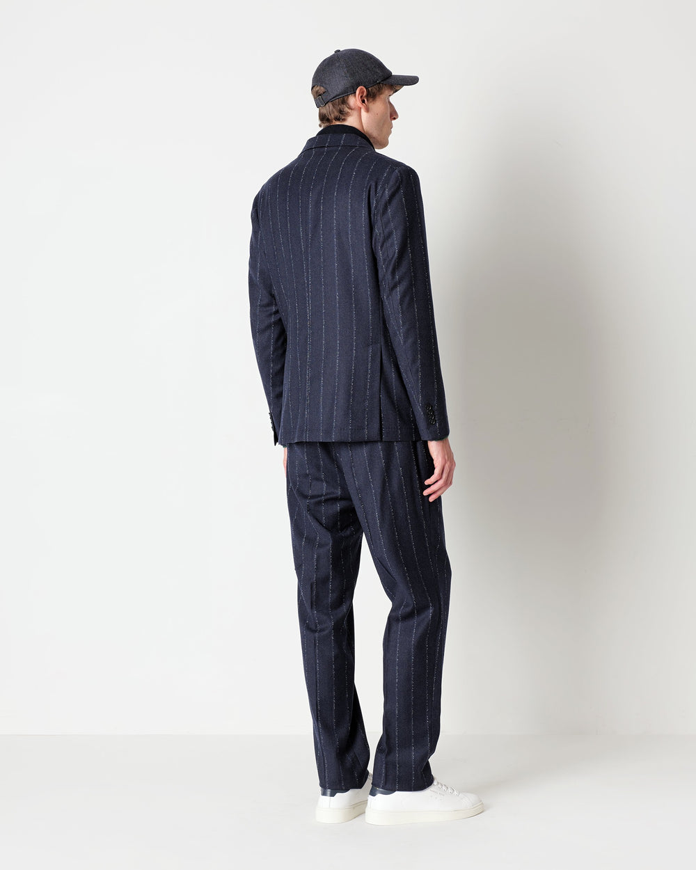 blue slim fit pinstriped flannel suit in pure stretch wool