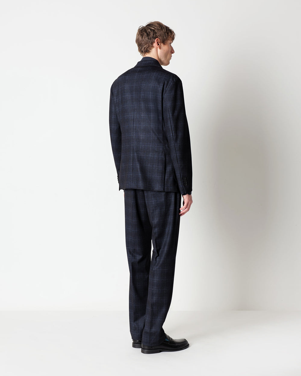 blue double breasted suit in stretch viscose blend jersey