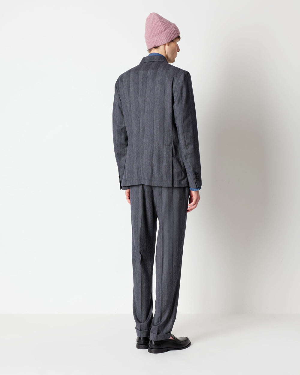 blue double breasted chevron patterned stretch wool flannel suit