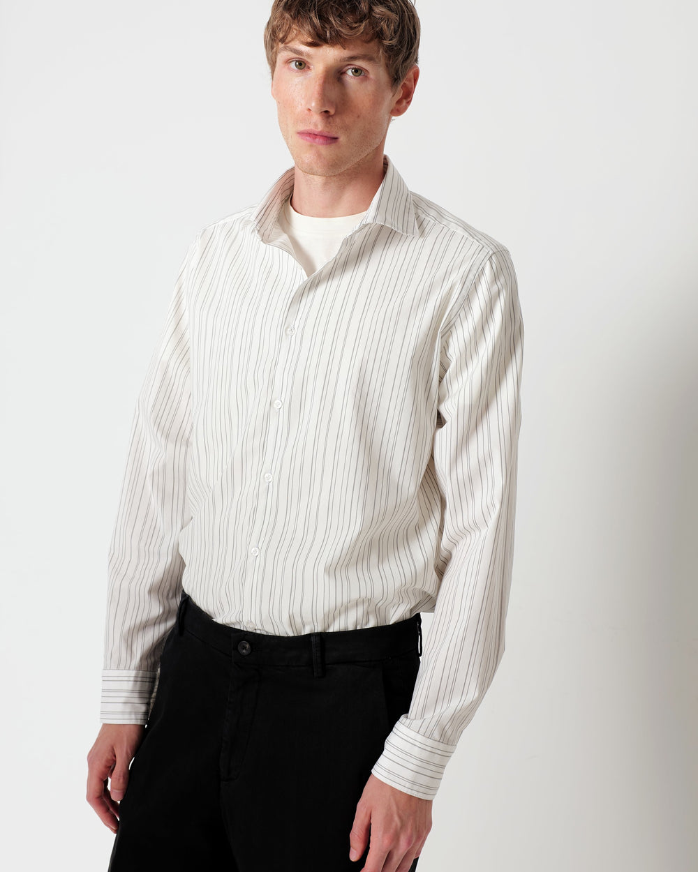 gray washed pinstripe stretch cotton poplin shirt