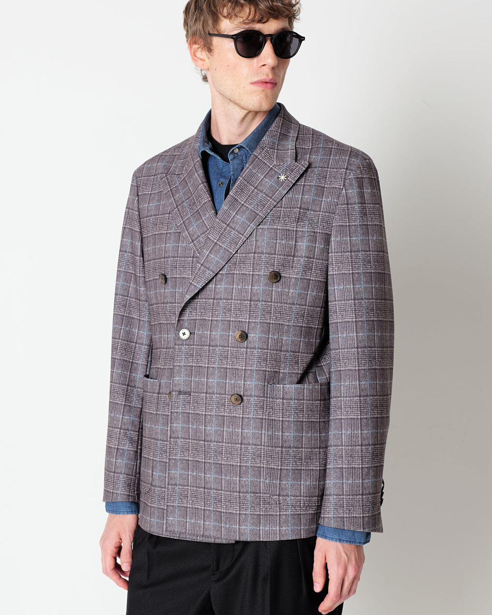 brown welsh jersey double breasted blazer in viscose blend