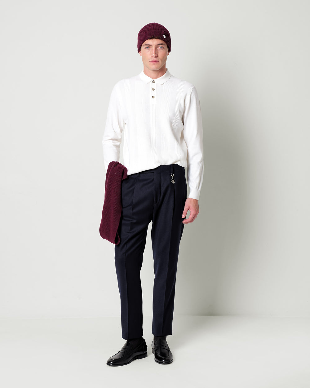 long sleeved polo shirt in a regimental pattern wool blend