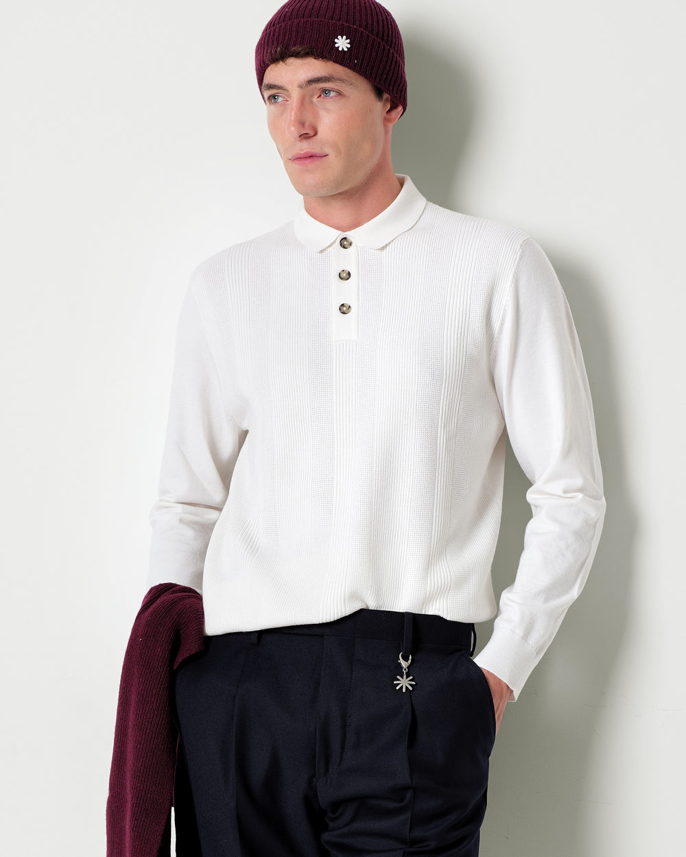 long sleeved polo shirt in a regimental pattern wool blend
