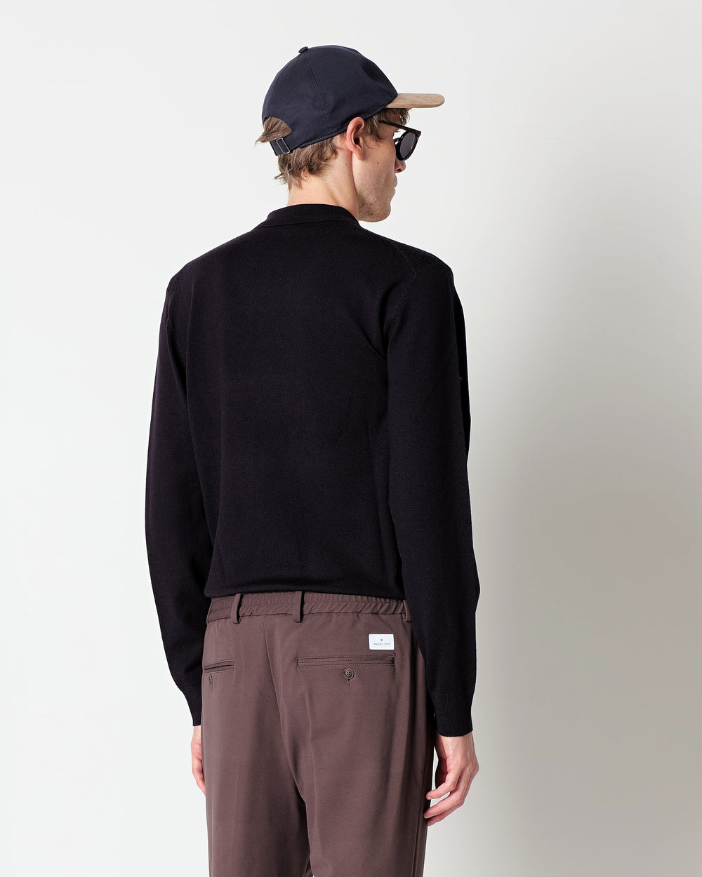 blue long sleeved polo shirt in a regimental pattern wool blend
