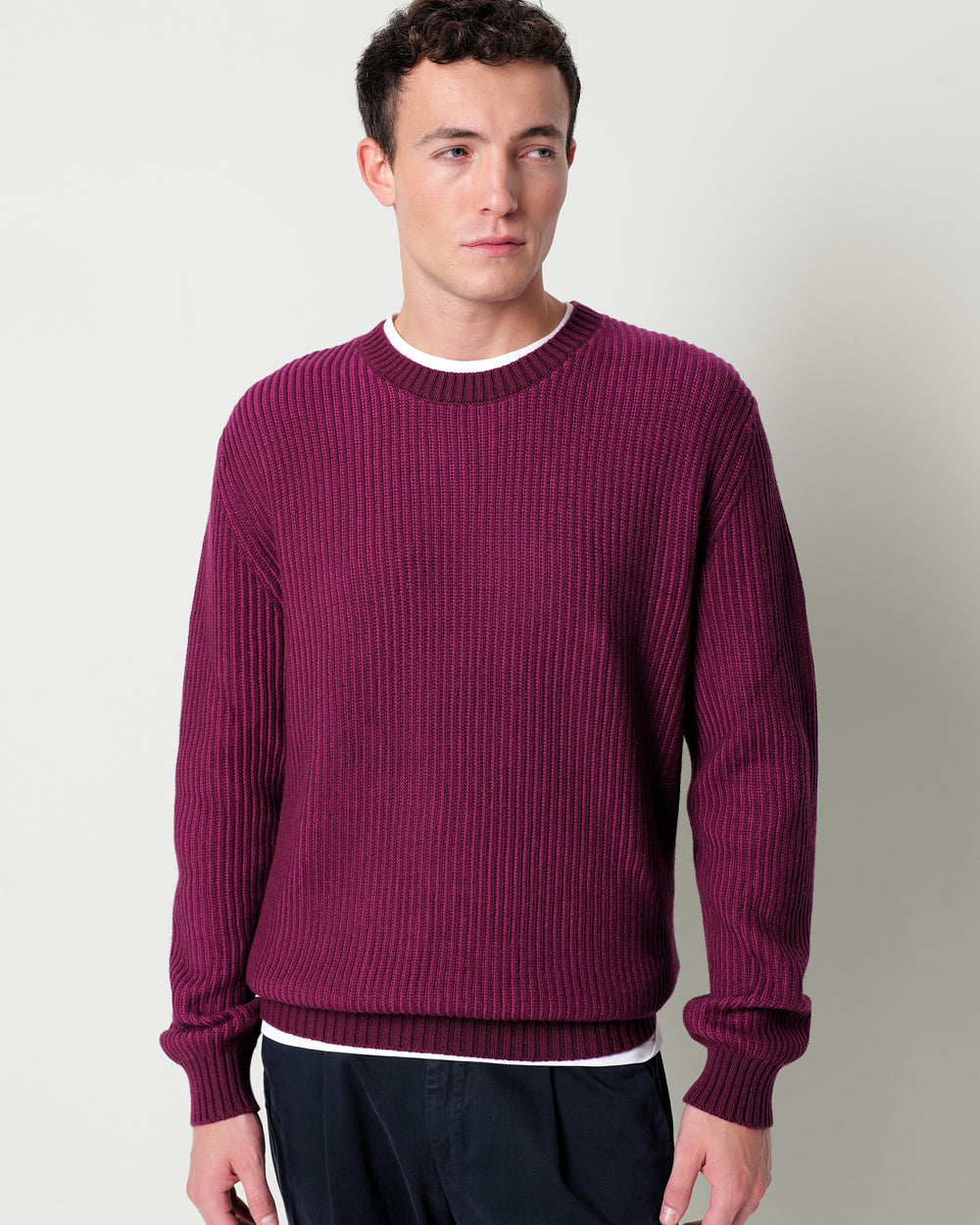 wool blend crew neck jumper with a faded english rib knit