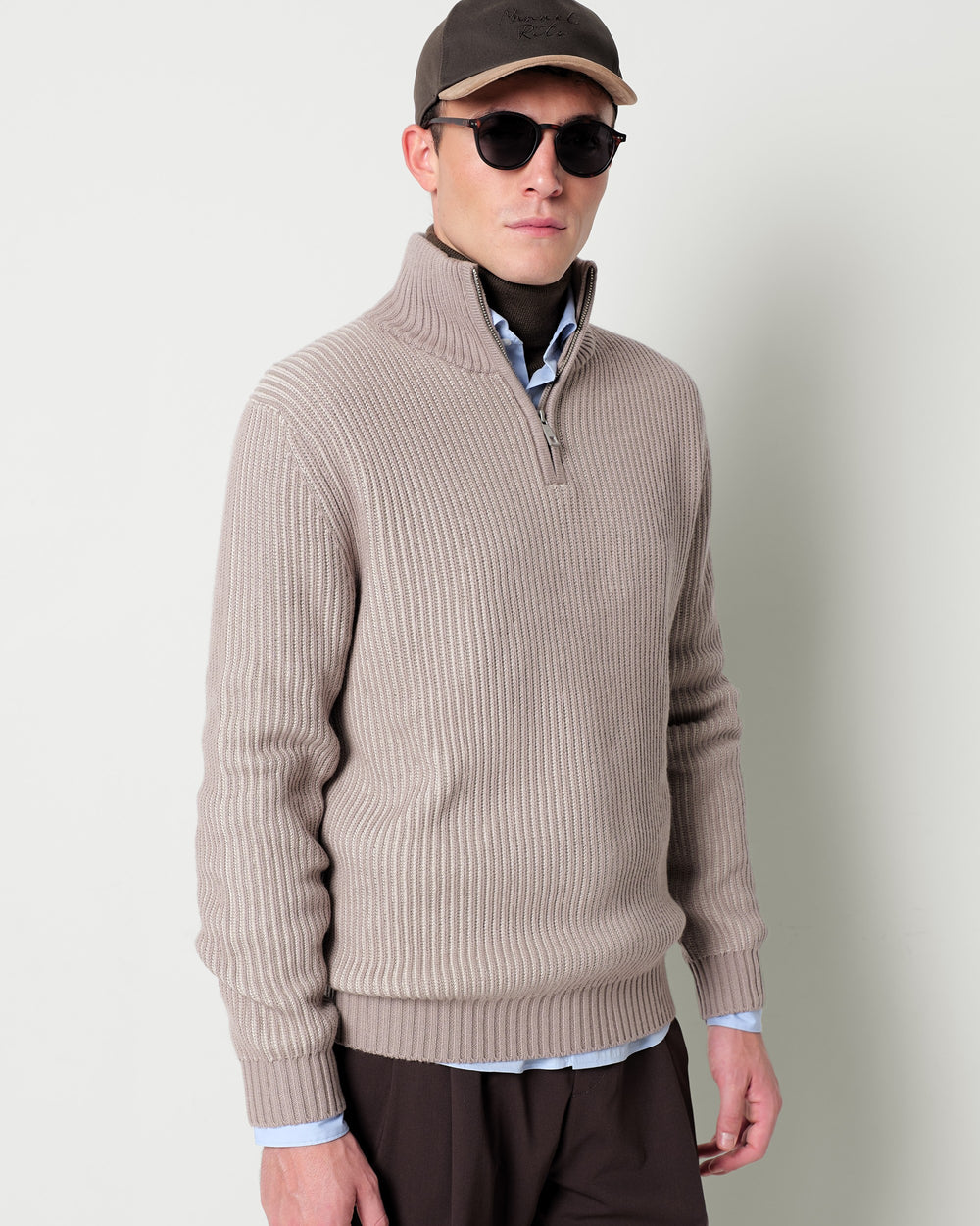 half zip wool blend jumper with a faded english ribbed