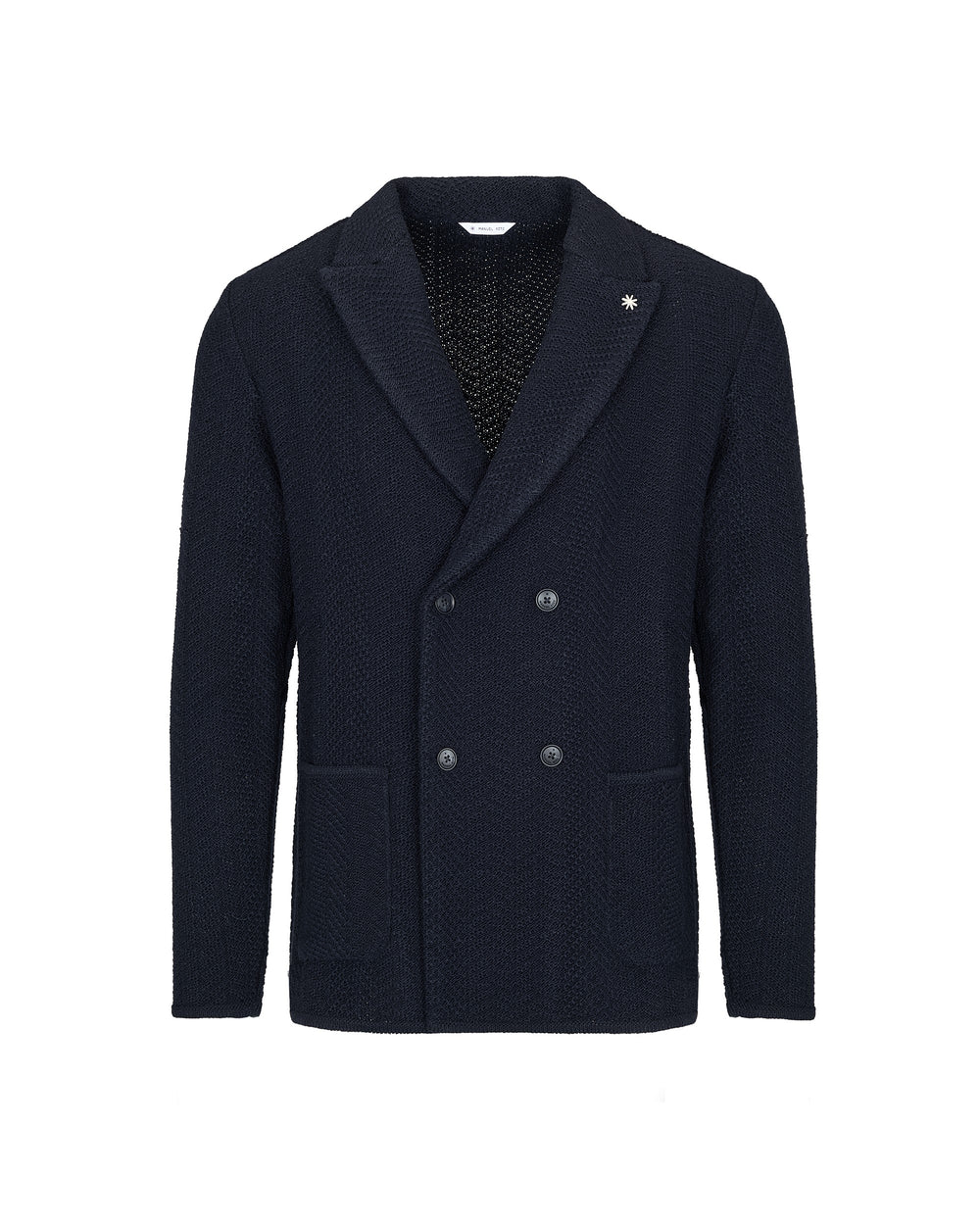 blue double breasted chevron patterned wool blend knit jacket