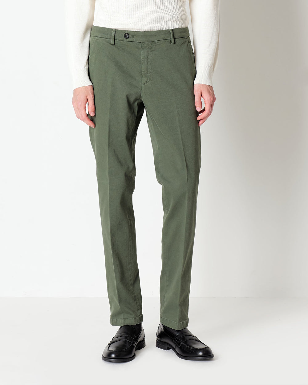 green slim fit stretch cotton twill trousers