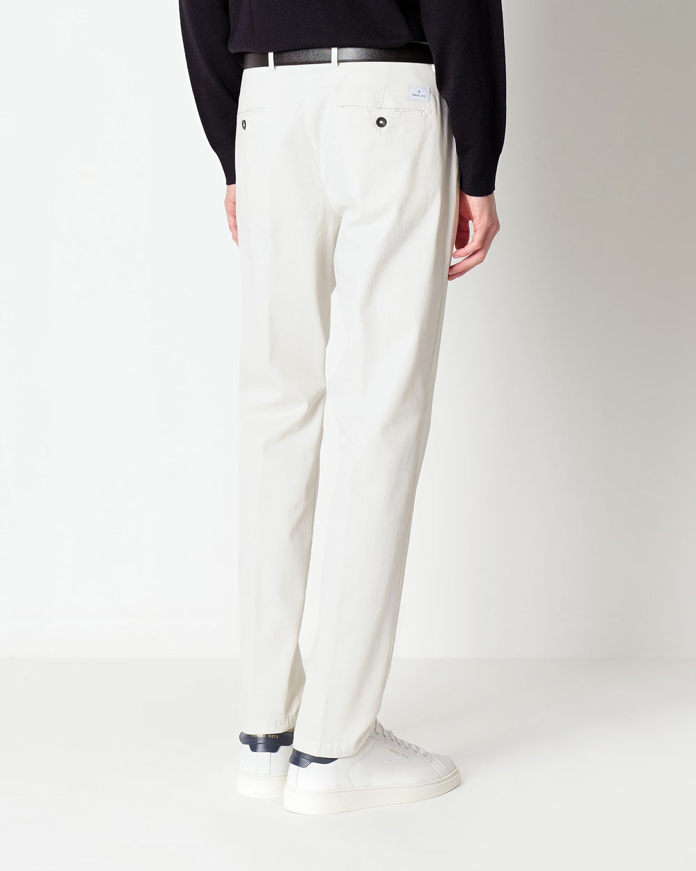 white stretch cotton twill trousers with pleats