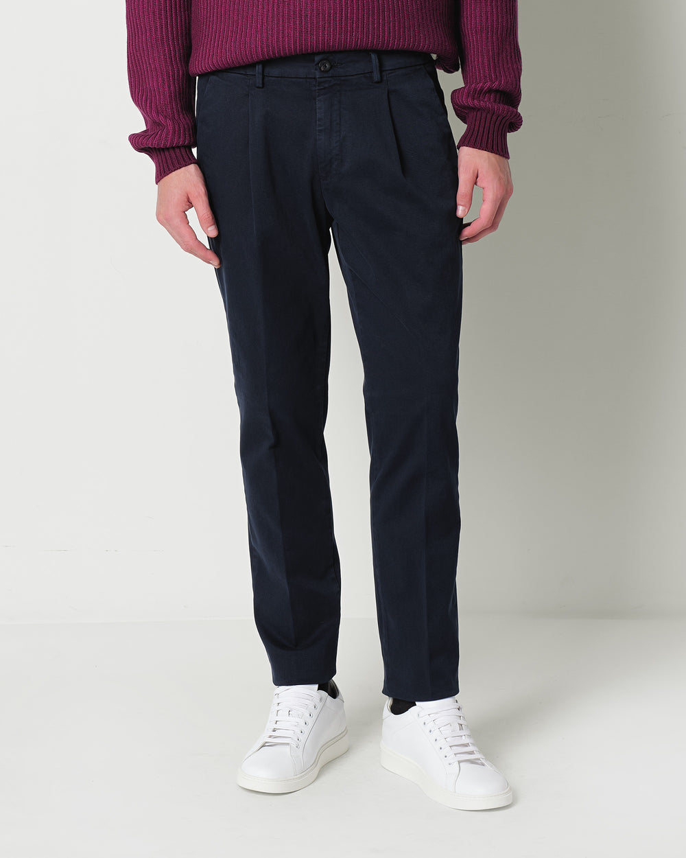 stretch cotton twill trousers with pleats