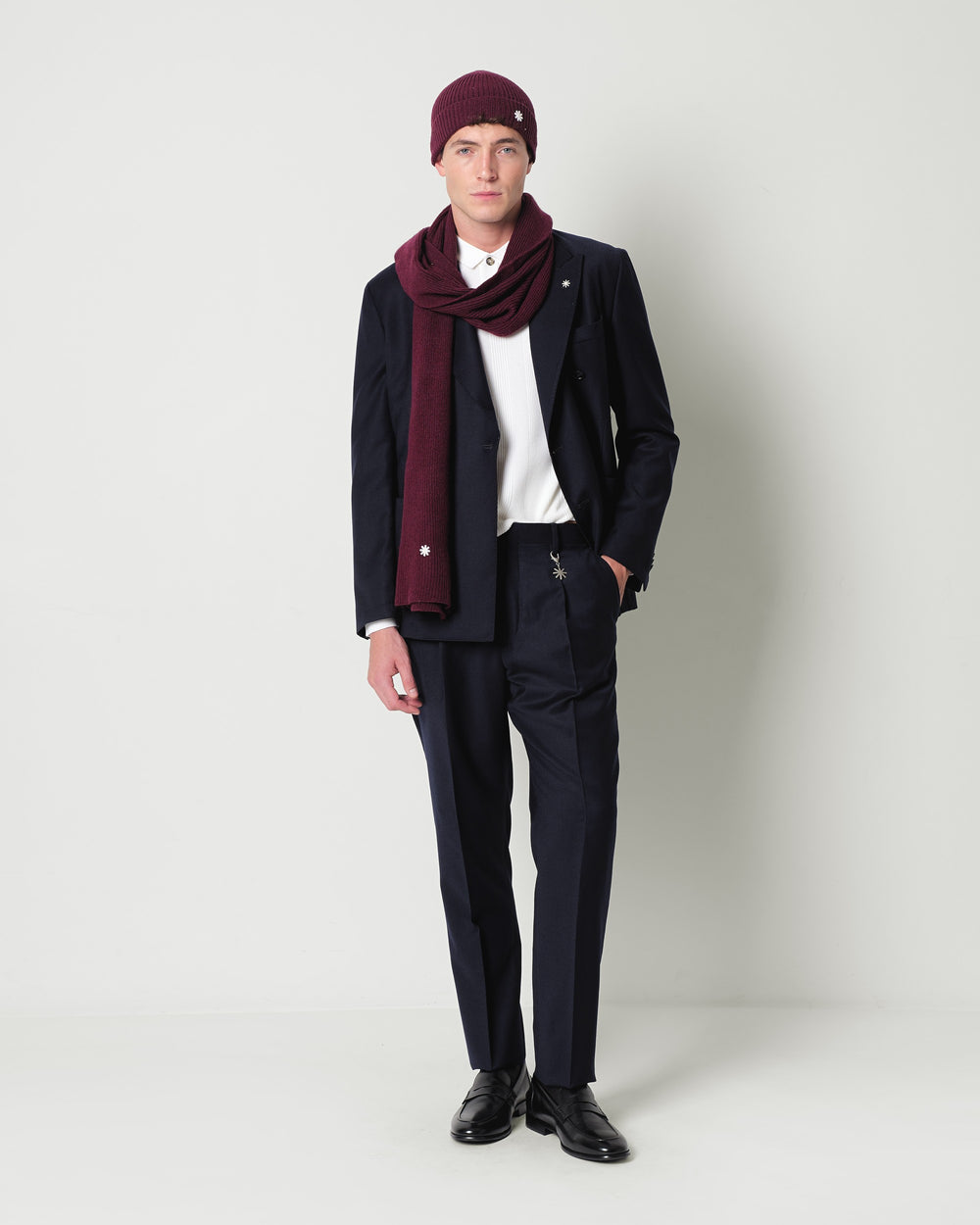 stretch wool flannel trousers with pleats