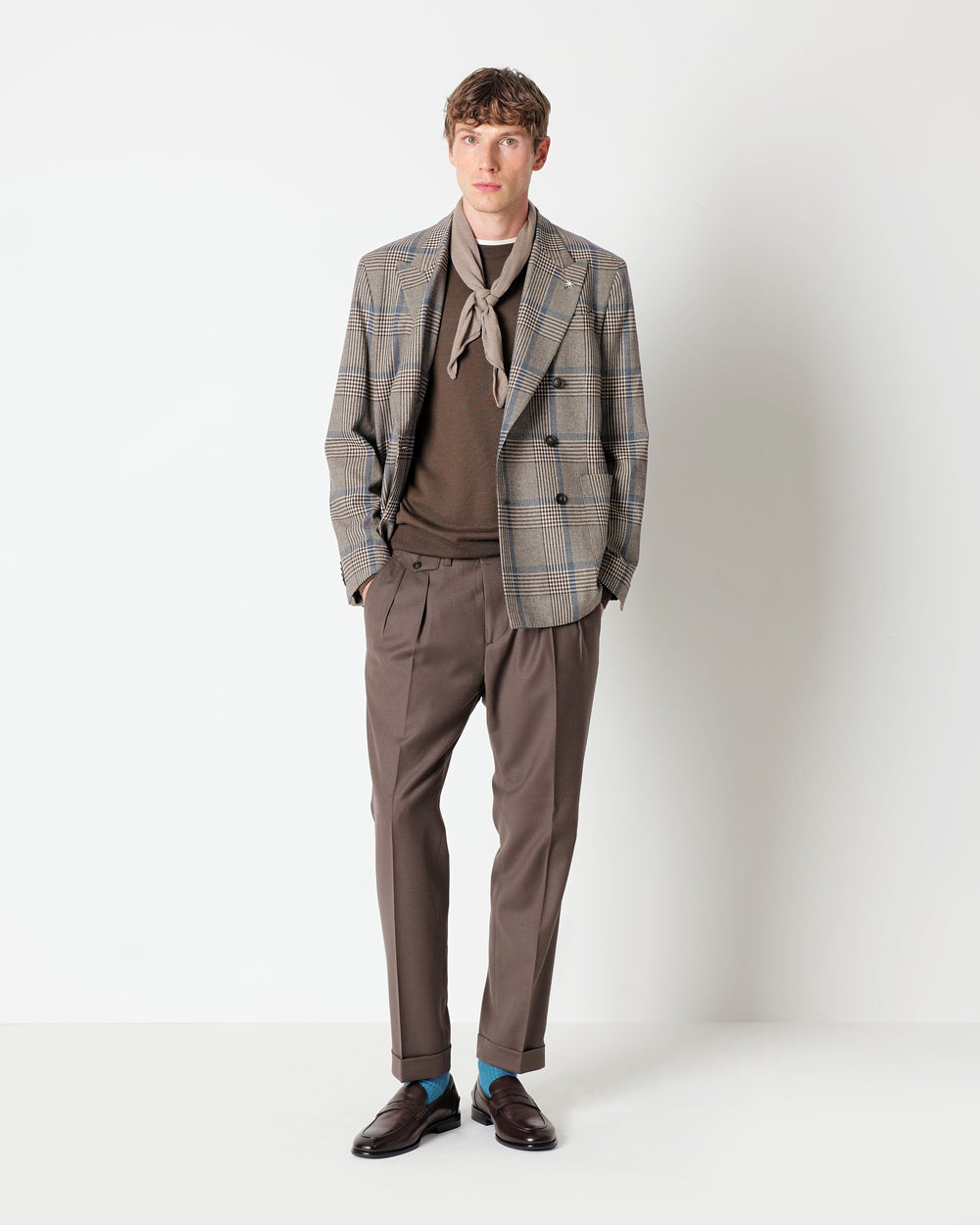 brown double pleat stretch wool flannel trousers