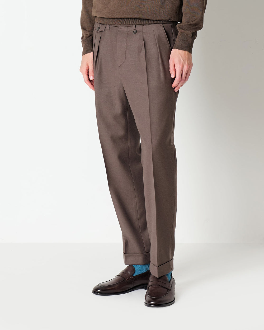 brown double pleat stretch wool flannel trousers