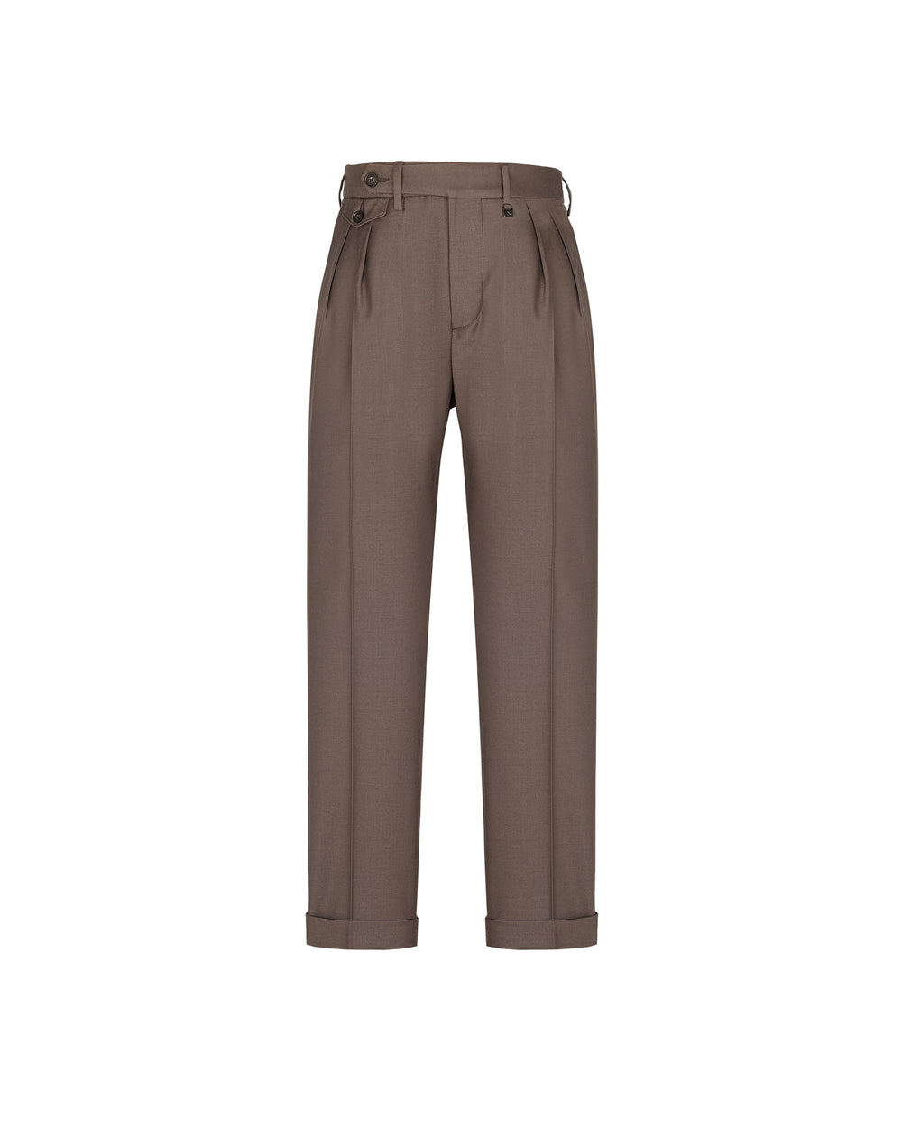 brown double pleat stretch wool flannel trousers