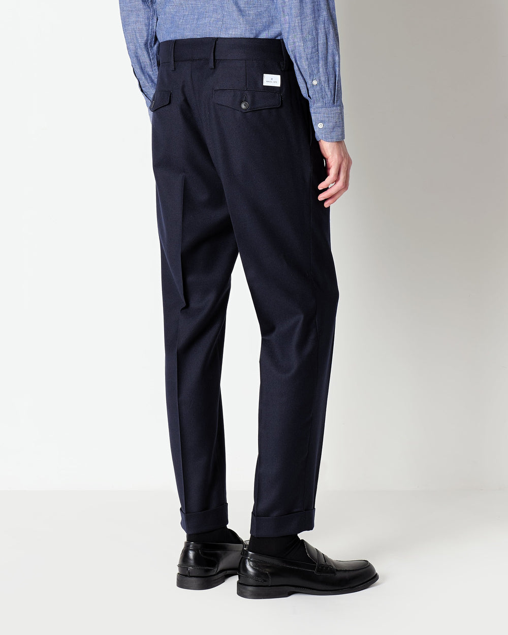 blue double pleat stretch wool flannel trousers