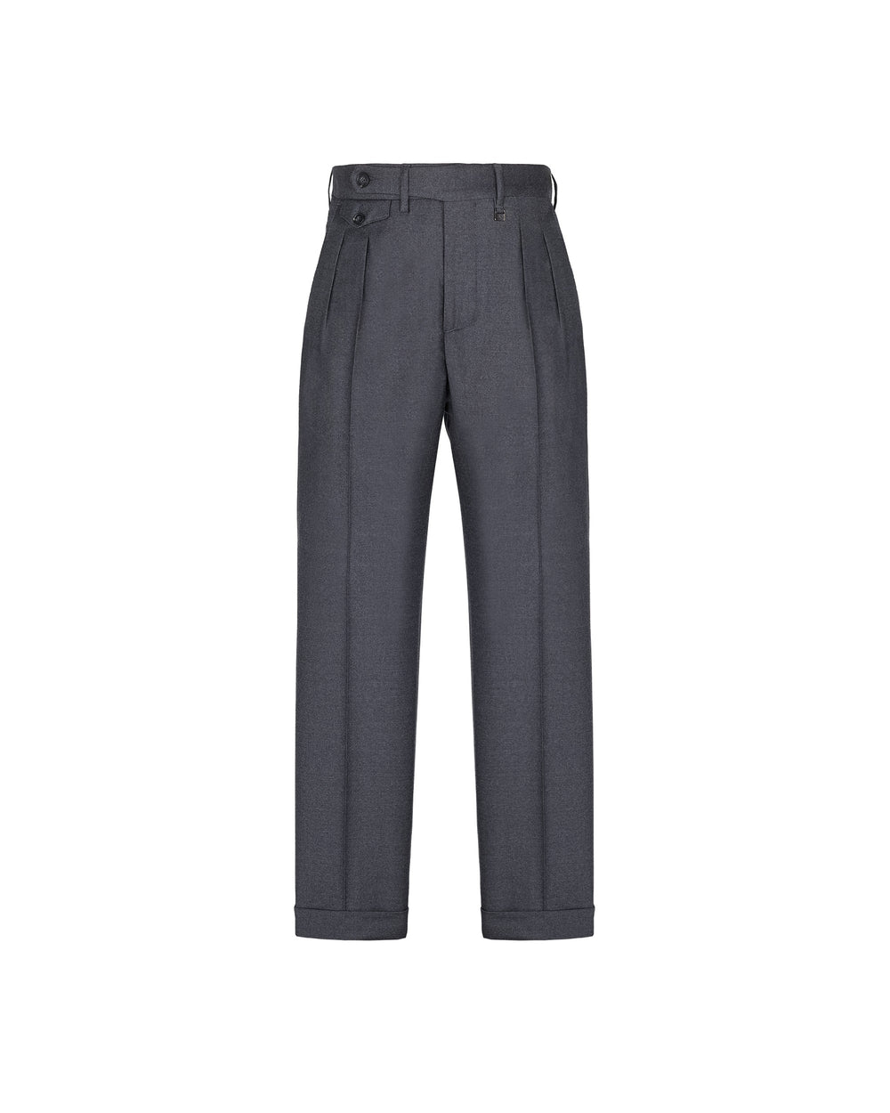gray double pleat stretch wool flannel trousers