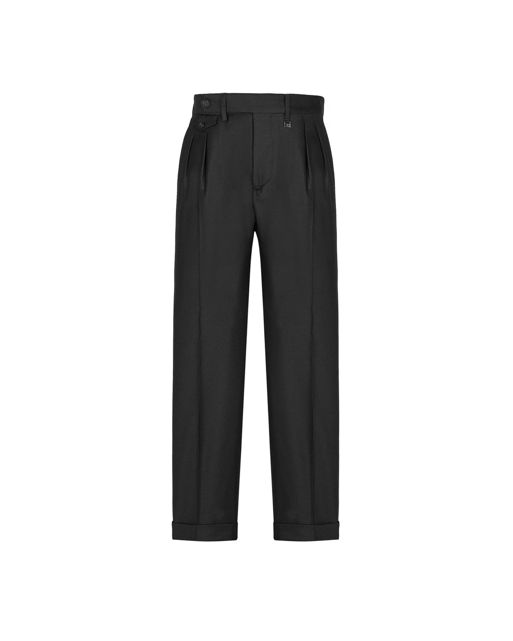 black double pleat stretch wool flannel trousers
