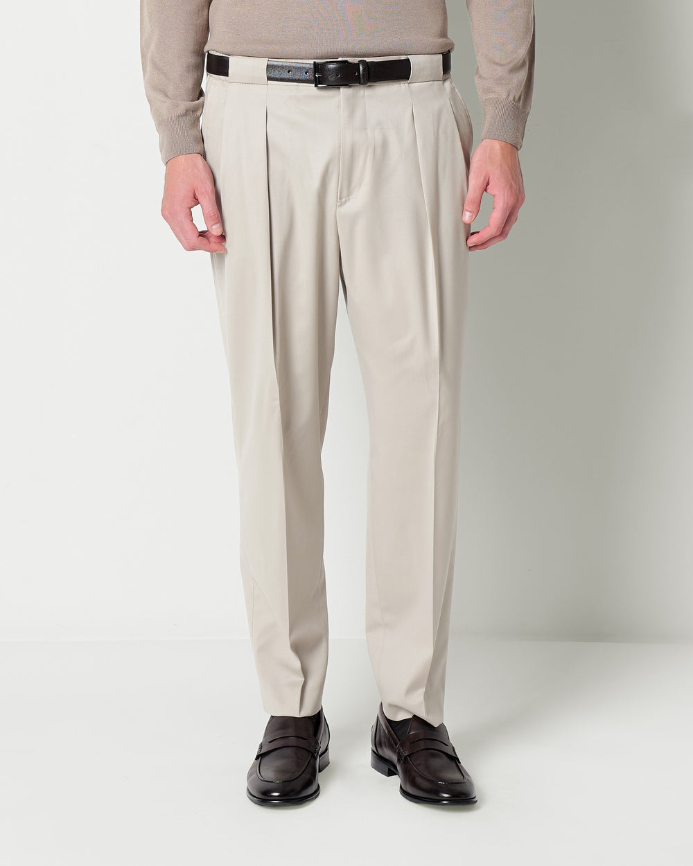 stretch wool double pleated trousers