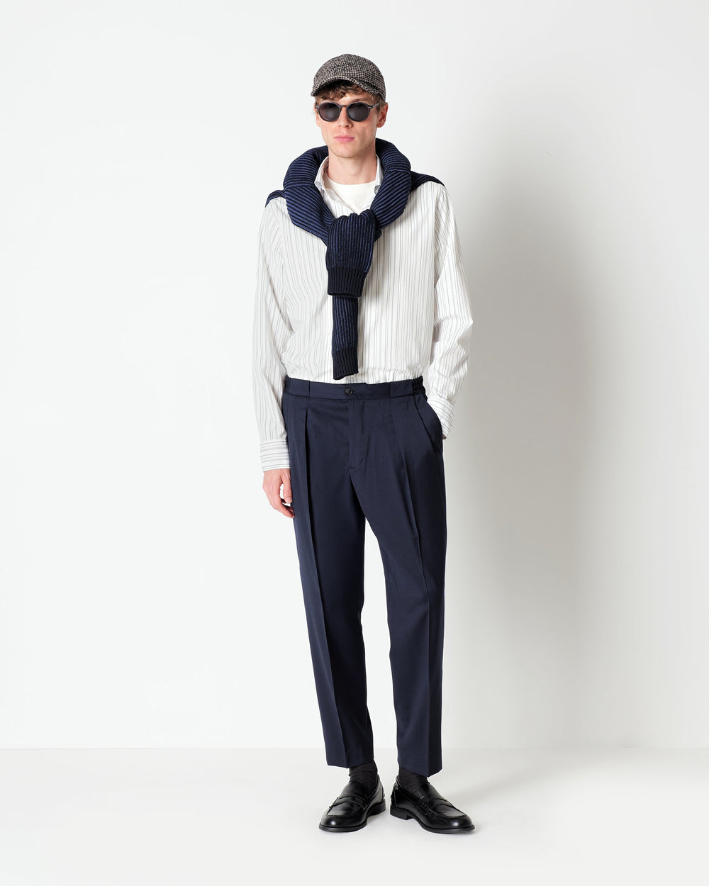 blue stretch wool double pleated trousers