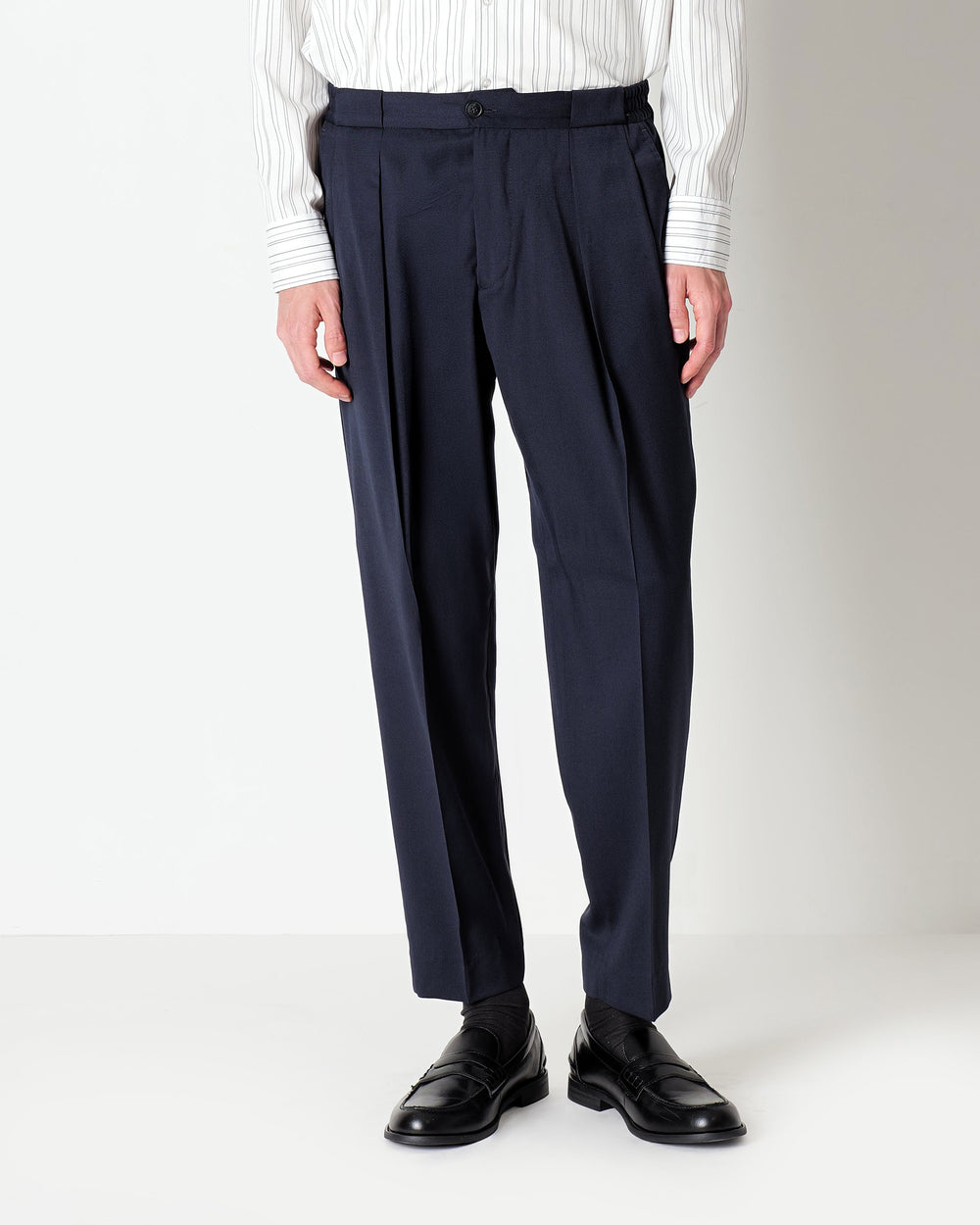 blue stretch wool double pleated trousers