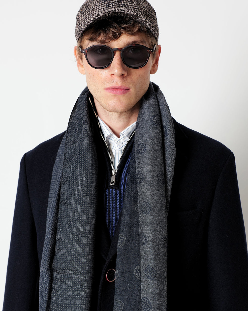 blue geometric micro patterned cotton blend scarf