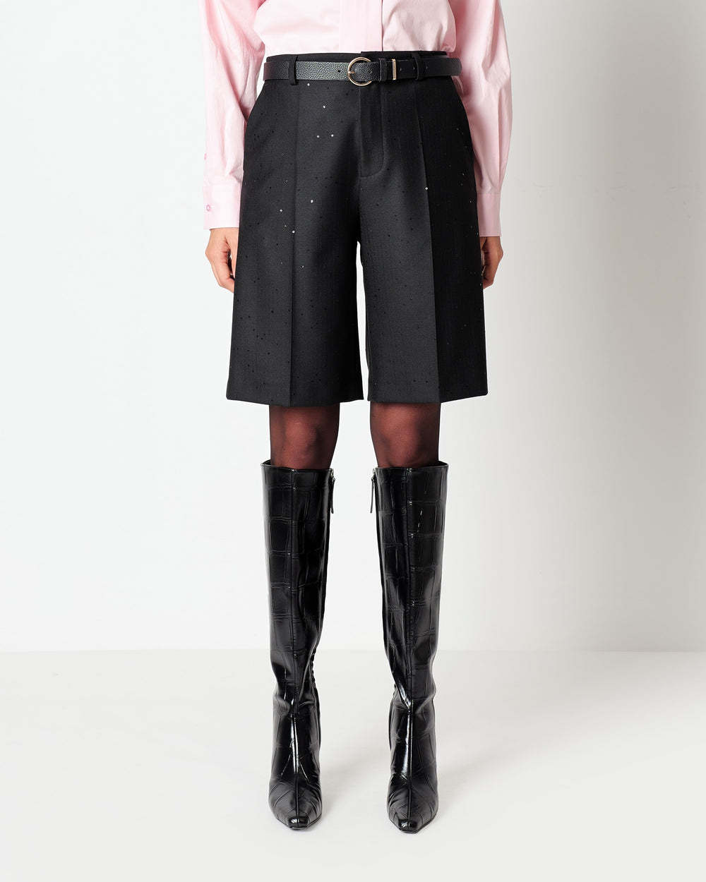 black pinstriped bermuda shorts with sequins