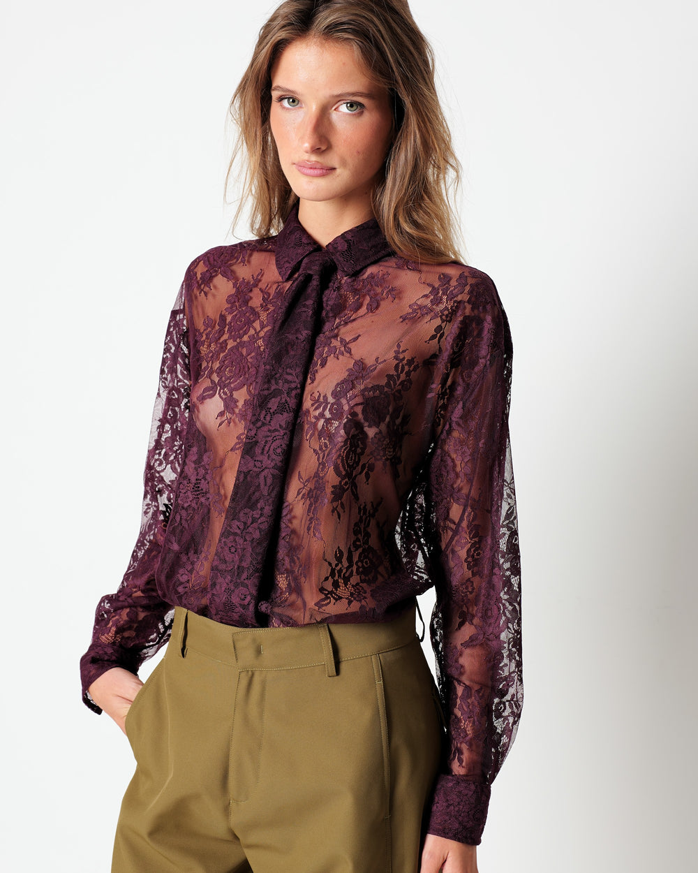red lace shirt and tie