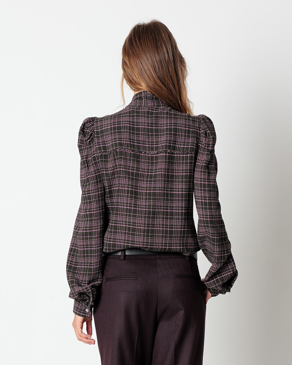 brown viscose wool checked shirt