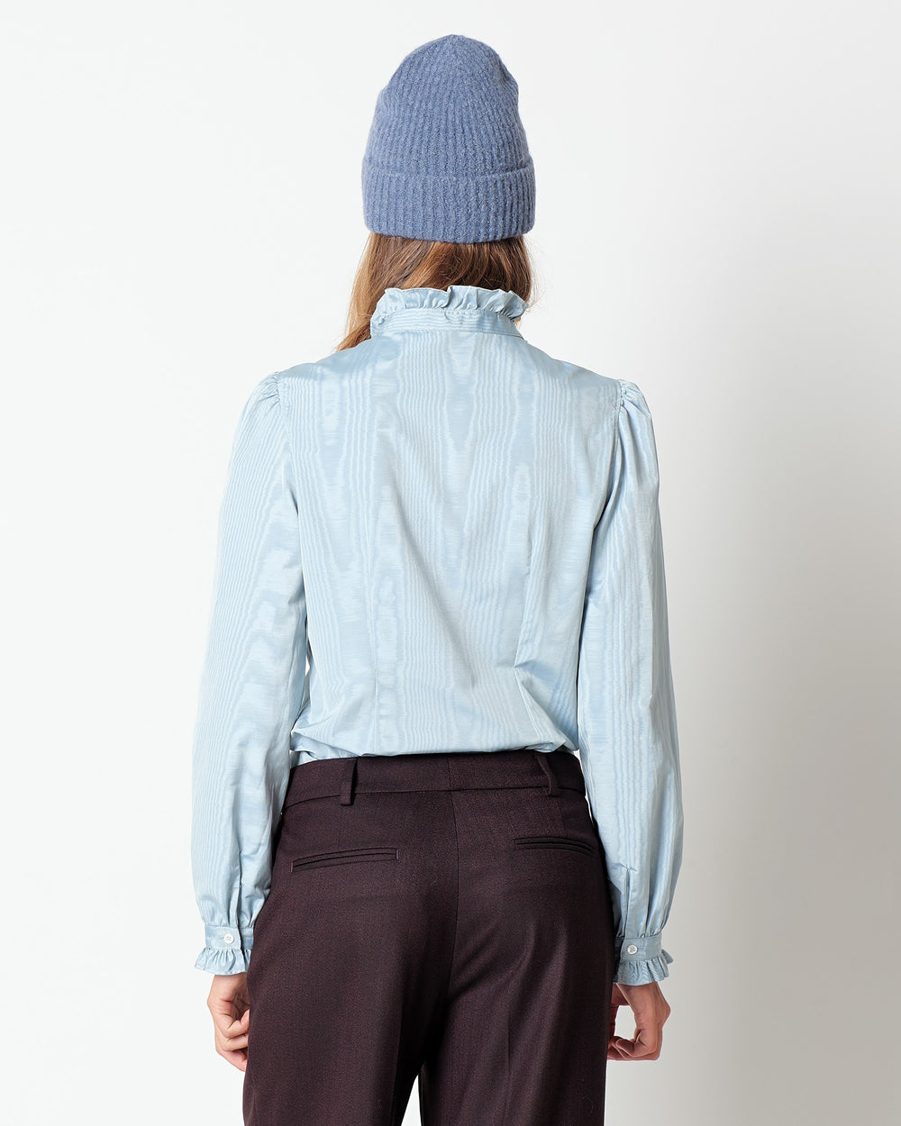 light blue moire` ruffled shirt