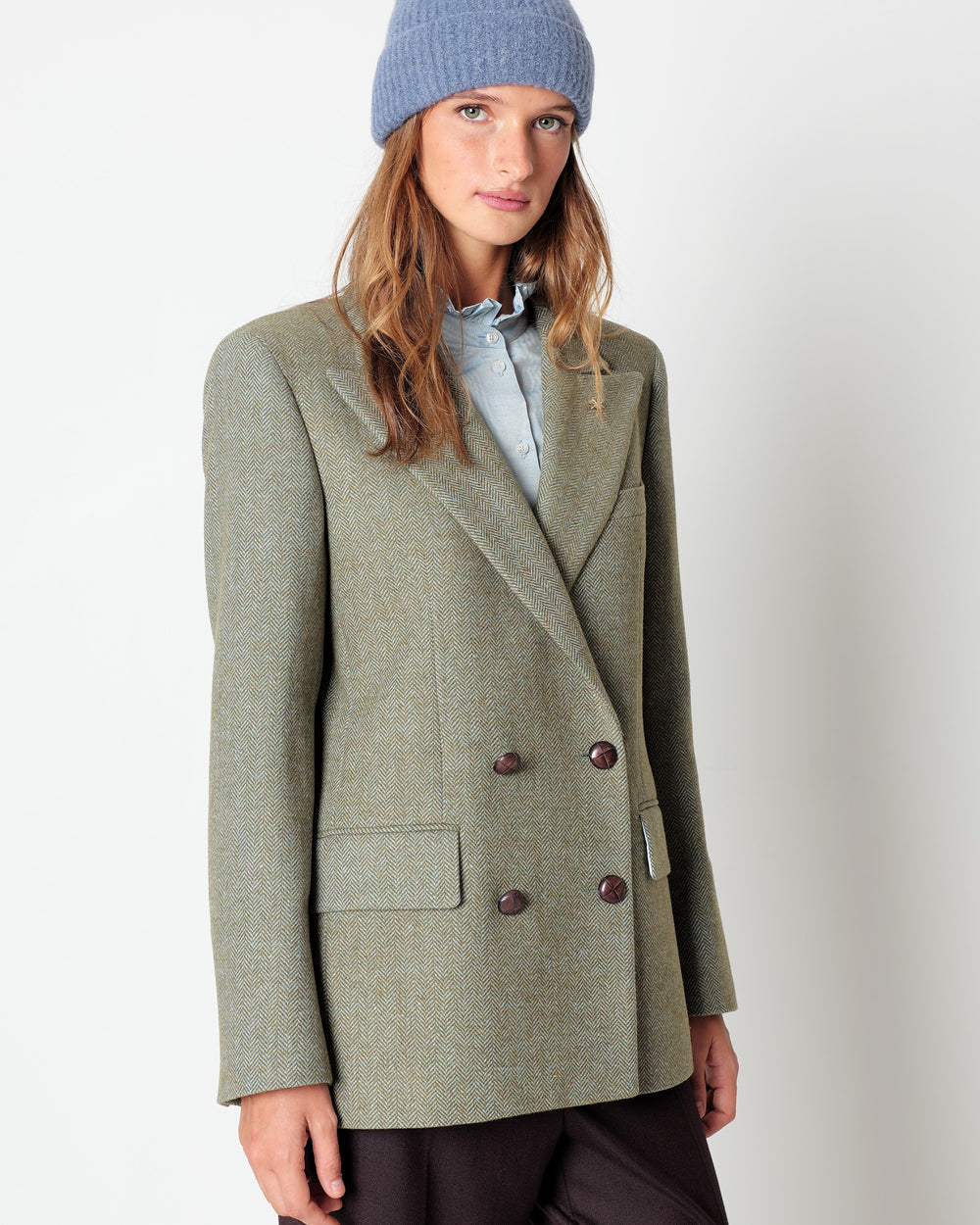 green wool blend chevron double breasted blazer
