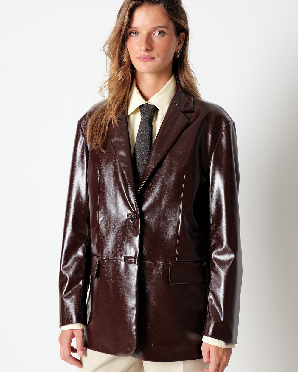 red faux leather blazer