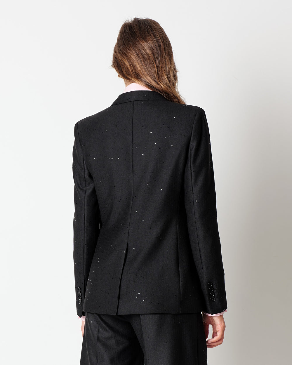 black double breasted pinstripe blazer with sequins