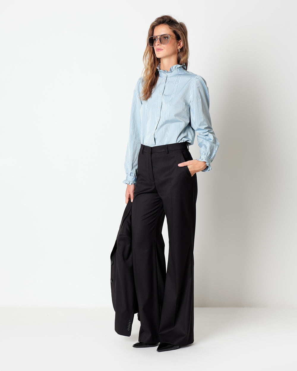 black wide leg stretch viscose poly trousers
