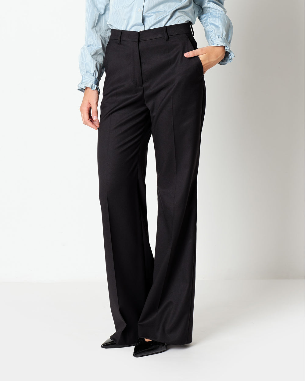 black wide leg stretch viscose poly trousers
