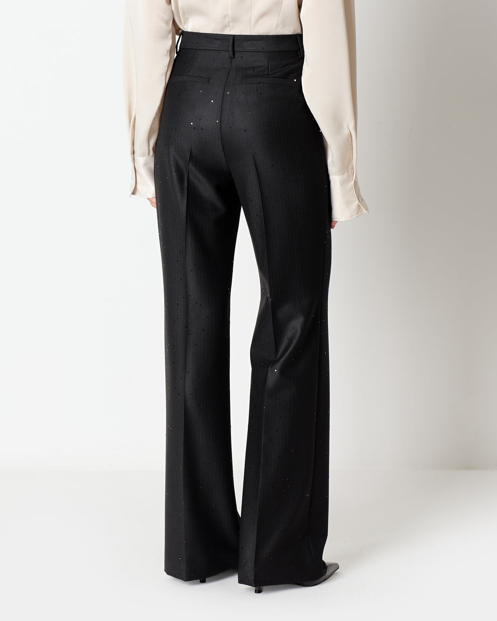 black wide leg pinstriped trousers with sequins