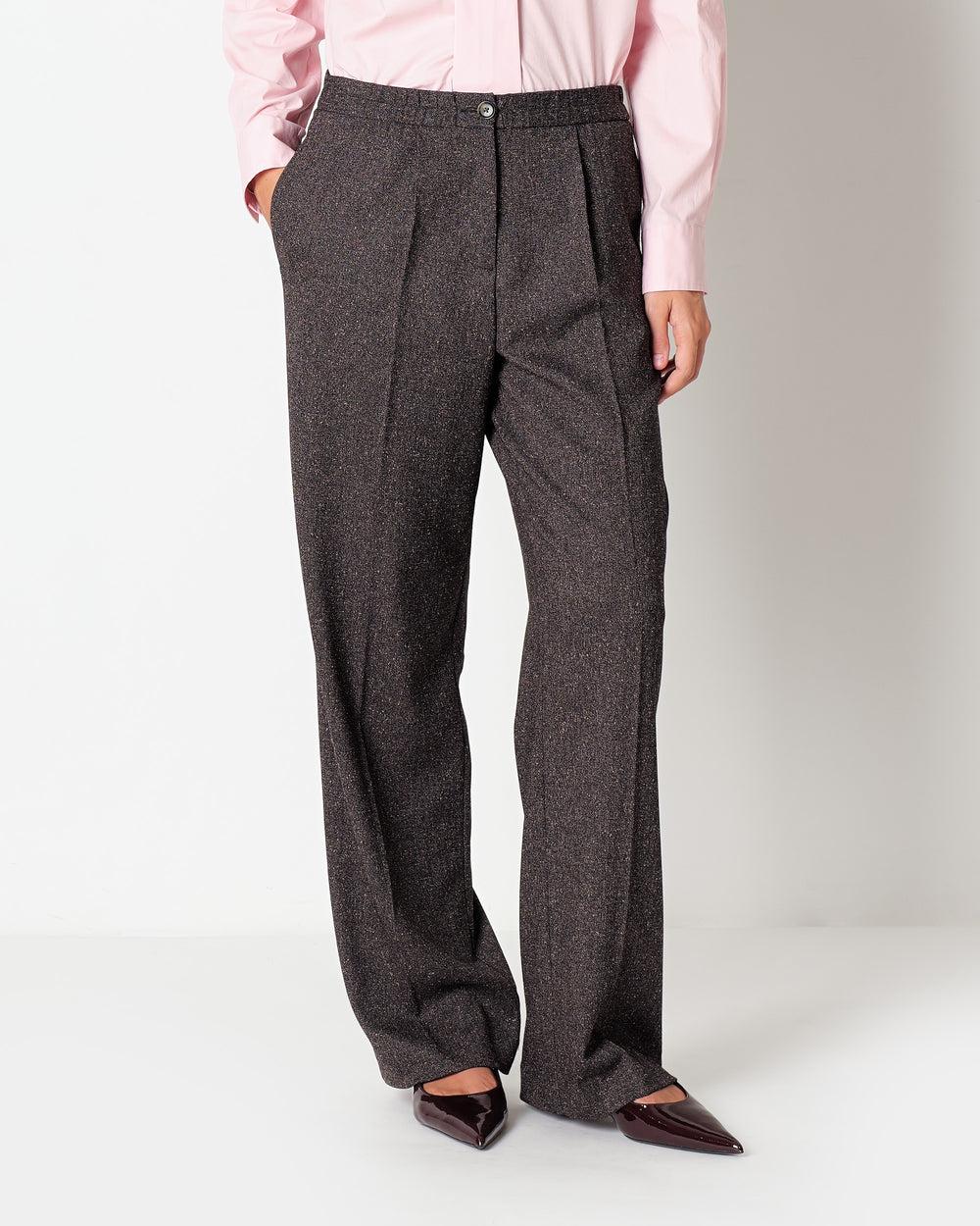 brown melange` viscose poly pleated trousers