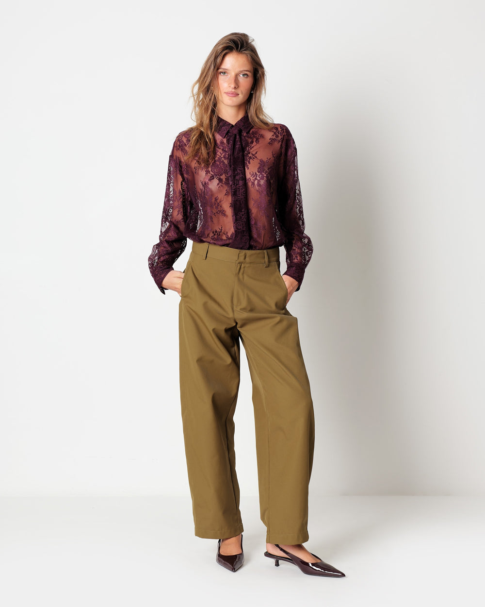 green technical wide leg trousers