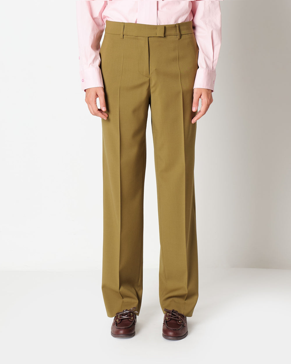green stretch wool straight trousers
